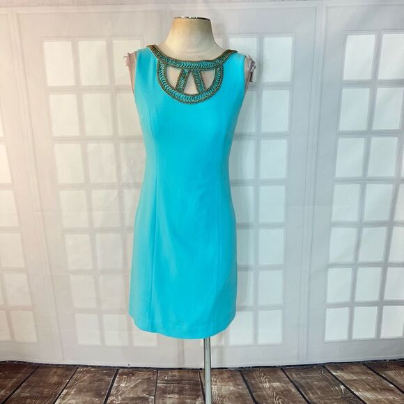 Lilly Pulitzer solid blue beaded cutout neckline shift dress size 2 - Picture 2 of 11